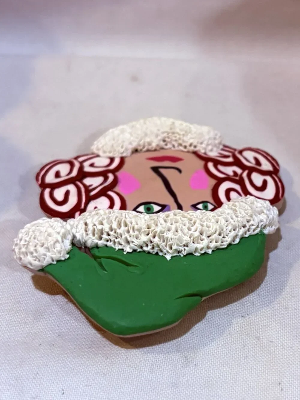 Hand Made Hand Painted Christmas Holiday Pin Brooch Lady in Christmas Hat